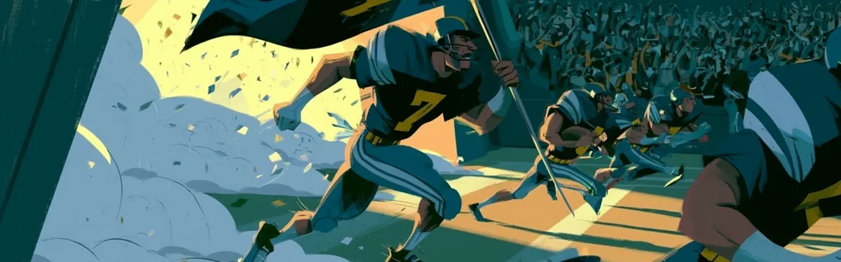 Cartoon illustration of a team bursting out of the stadium tunnel behind a flag bearer as confetti and smoke fill the air.