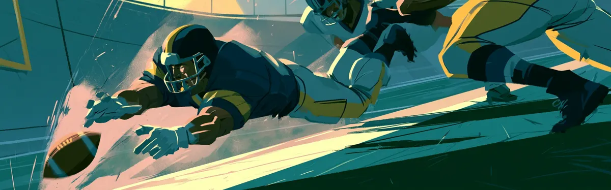 Cartoon illustration of a receiver fully extended in a dive, fingertips reaching for a loose football just short of the line as defenders close in.