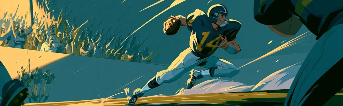 Cartoon illustration of a quarterback rolling out to his right, cocking the ball to throw as the crowd rises behind him.