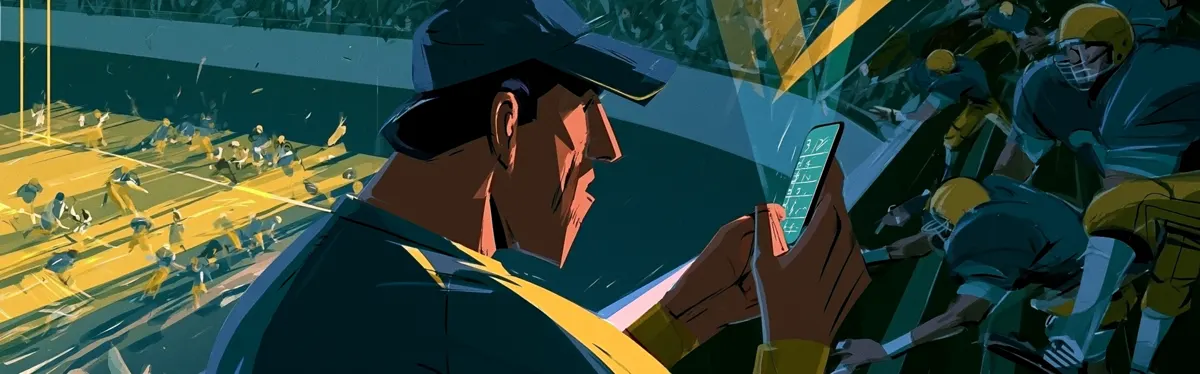 Cartoon illustration of a fan in a ballcap in the stands checking his phone while the game unfolds on the field beside him.