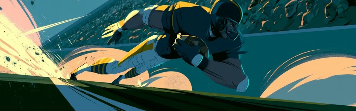 Cartoon illustration of a running back bursting through the line with the ball tucked, turf spraying as a packed crowd watches.