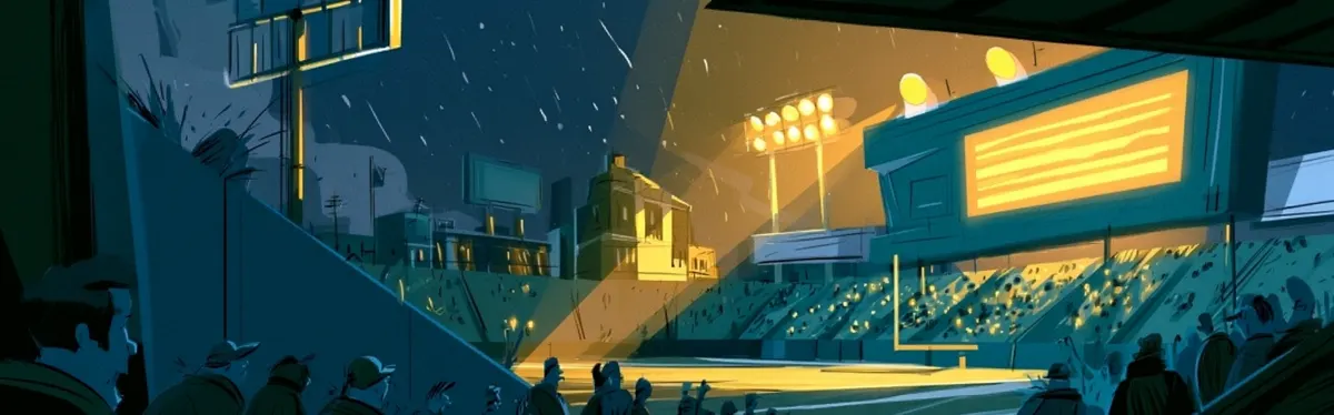 Cartoon illustration of a large glowing stadium scoreboard lighting up the stands under a night sky.