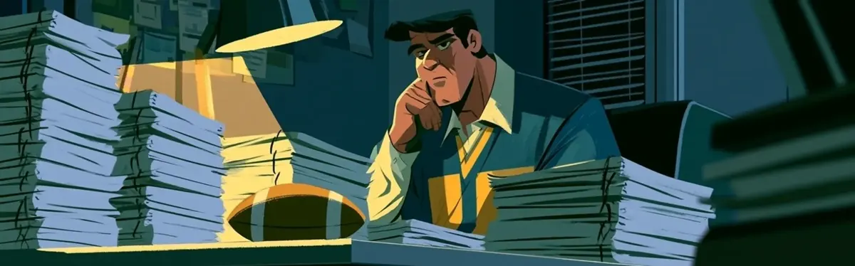 Cartoon illustration of an analyst at a lamplit desk, chin on hand, flanked by tall stacks of paper with a football resting among them.